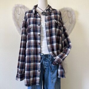 Indie Skater Grunge Plaid Flannel Shirt Button Up Long Sleeve Dad Brown Blue XXL